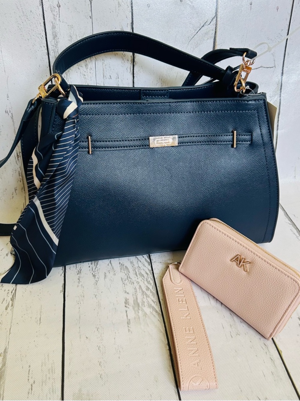 Anne Klein Navy Satchel Purse + Blush Pink Wallet & Scarf Accent Bundle